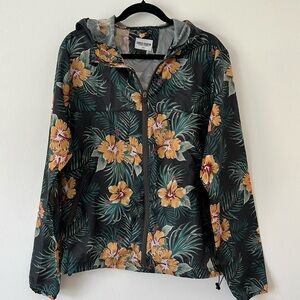 Sunrise Kingdom mens waterproof windbreaker with hood. Tropical Print